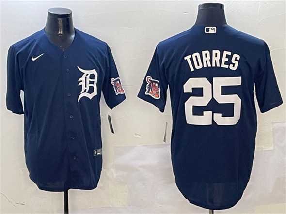 Mens Detroit Tigers #25 Gleyber Torres Navy With Patch Cool Base Stitched Jersey